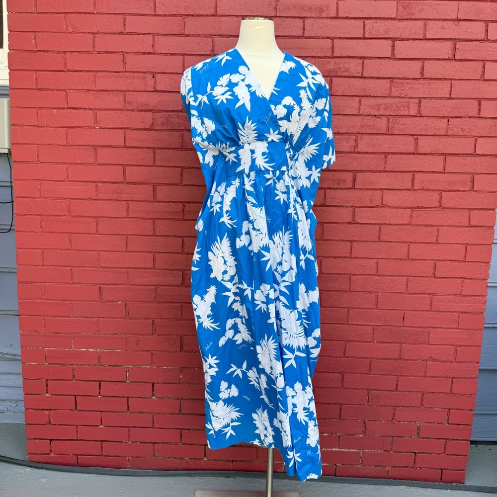 Vintage Kalena‎ Fashions Hawaii Floral Maxi Dress Blue White Tropical One Size